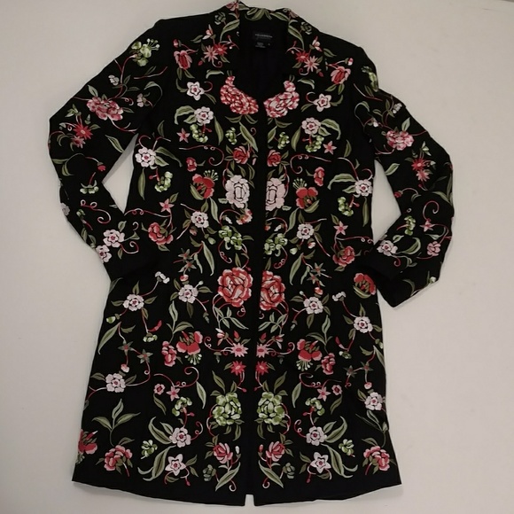 Incredible Silk Vintage Suit Floral Long Embroidered Floral Jacket Black Pants - Picture 7 of 8